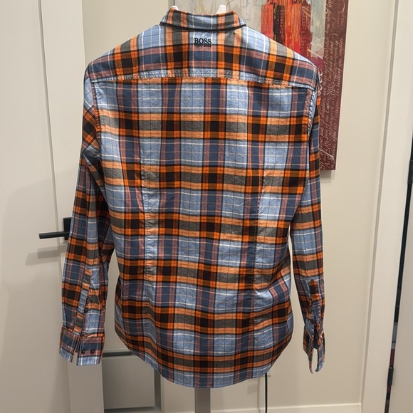 HUGO BOSS Orange and Blue Plaid Regular Fit Stretch Casual Button Down Shirt L - Picture 2 of 7